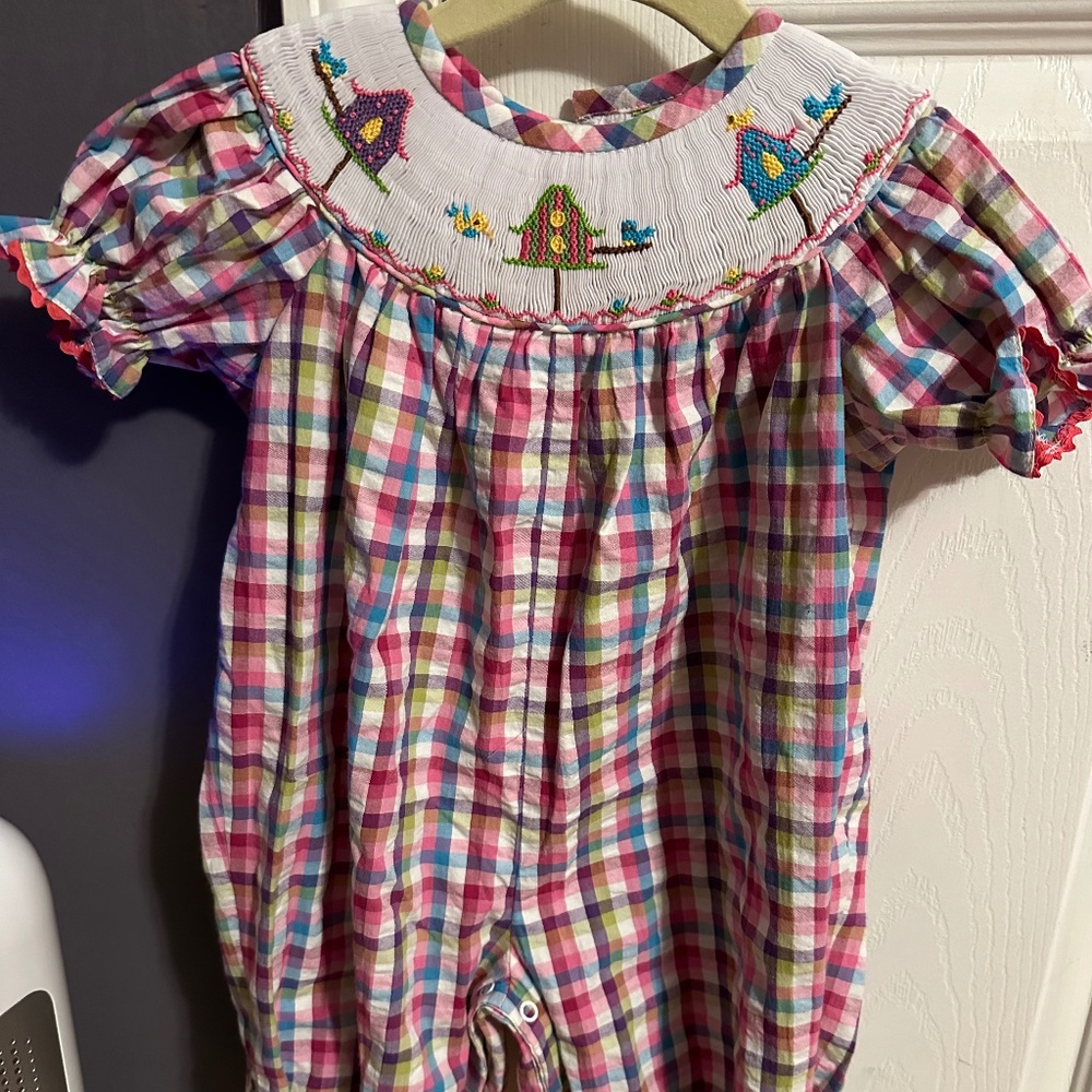 Smocked bird house romper